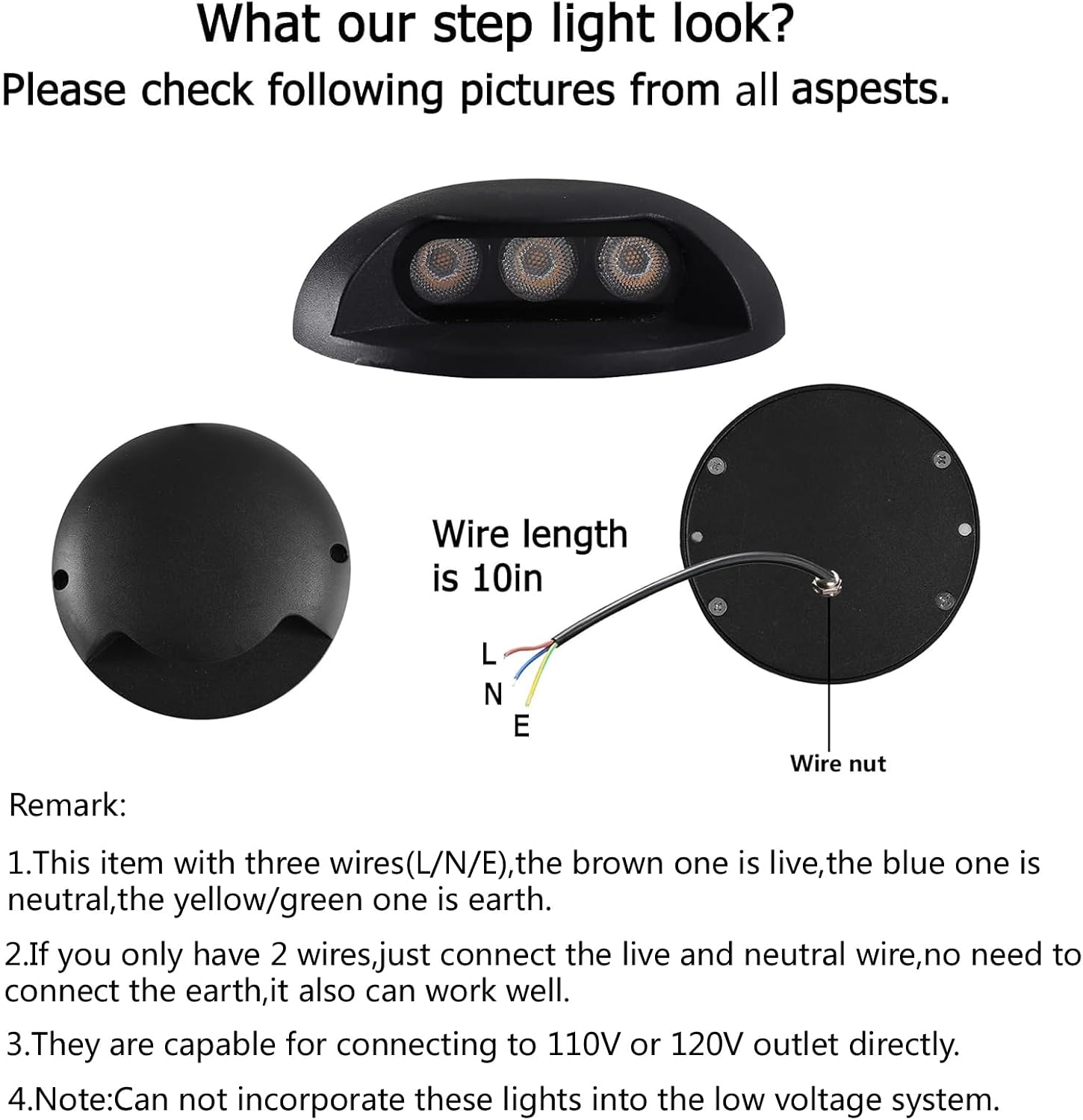 Outdoor Lighting Hardwired - 3W Oppervlaktegemonteerde, bekabelde LED-traptredenverlichting, 4-pack, 110V-120V,